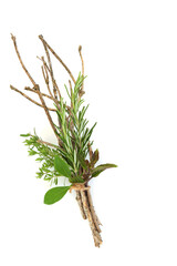 Witches bundle wicca magical equipment for natural healing and ceremony. Occult pagan nature flora with herbs on white background for earth magic.