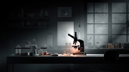 Dark Laboratory: Microscope, Glassware, and Eerie Window View