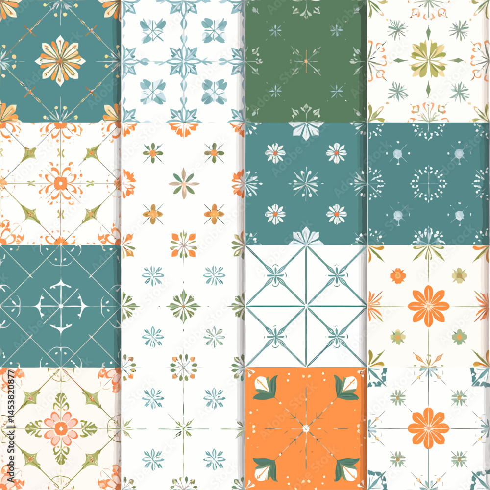 Poster ornate tile patterns create a vibrant patchwork of designs for interior decorating projects and desi