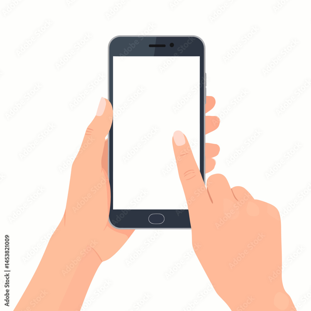 Poster Person using a modern frameless smartphone with a blank white screen mockup for app presentation and mobile web browsing on white background