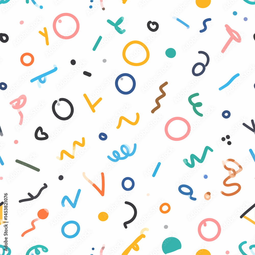 Poster playful confetti background with colorful shapes and abstract doodles for festive designs and creati
