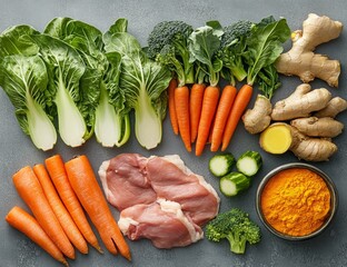 Fresh, whole foods arranged for healthy eating.  Variety of vegetables, including bok choy, carrots, broccoli, and ginger, alongside lean protein and turmeric