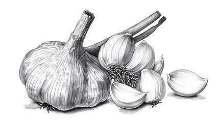 Detailed grayscale drawing of a garlic bulb and cloves.