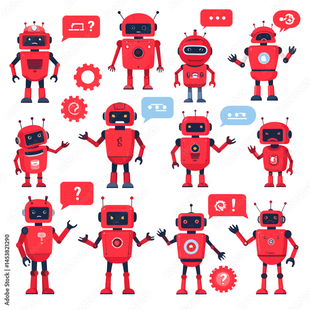 Aufkleber red robots with different expressions and speech bubbles vector illustration for technology and arti