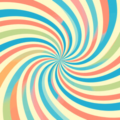 Retro pastel spiral background with vibrant blue, orange, and green colors creating a hypnotic and eye catching swirl pattern for dynamic designs