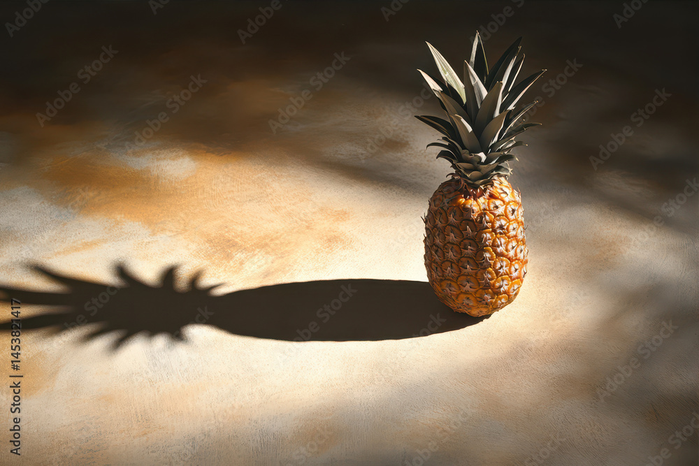 Poster pineapple casting a distinctive shadow on a textured surface under soft lighting