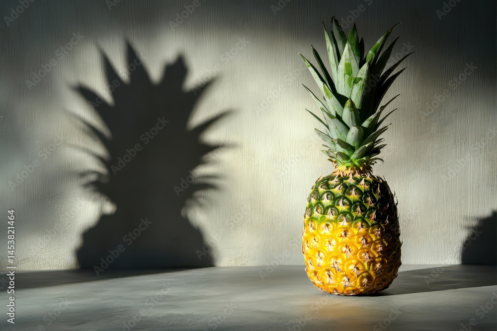 Poster pineapple standing on a plain surface casting a dramatic shadow in soft natural light