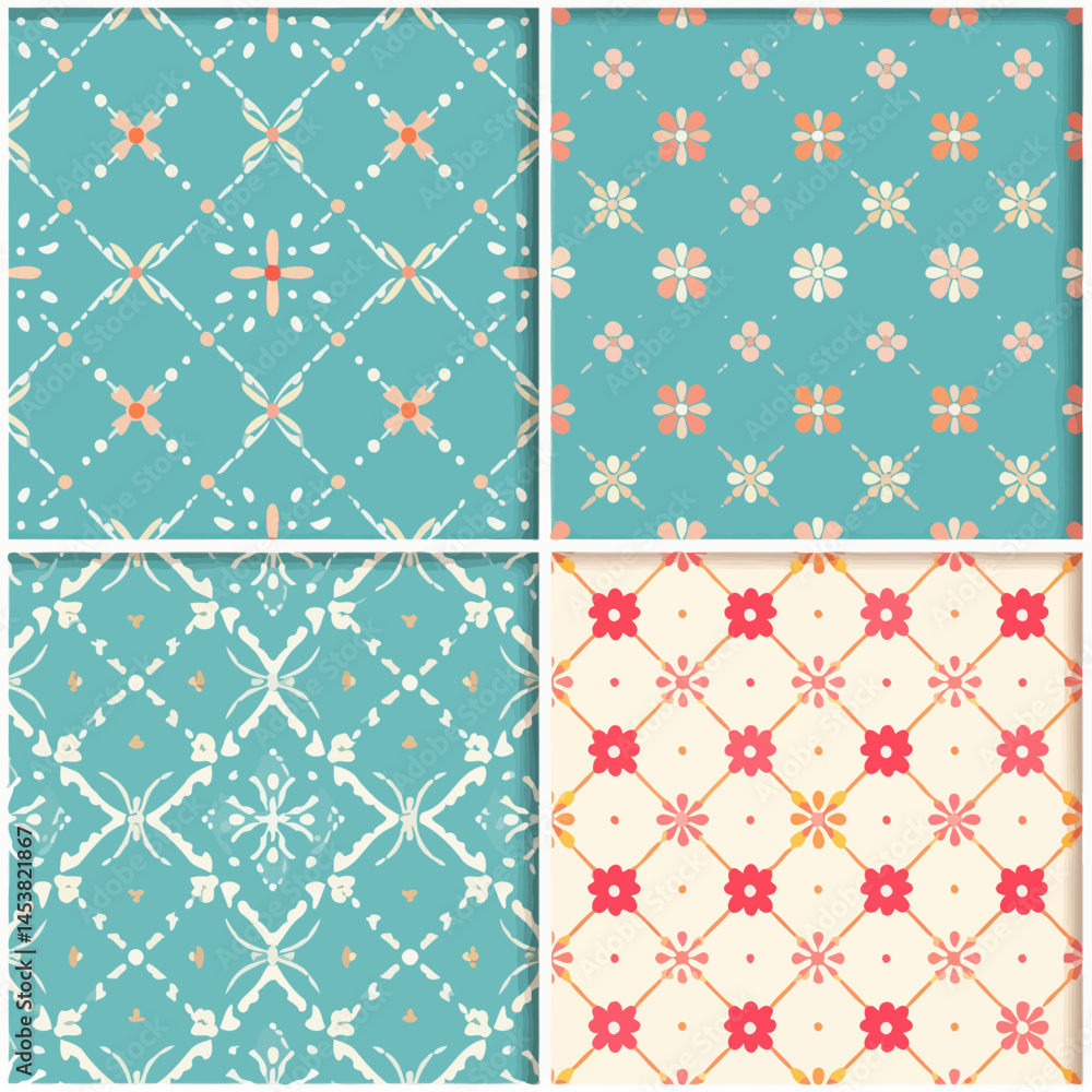 Poster set of four seamless vector patterns featuring floral and geometric designs for backgrounds and text
