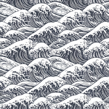 Seamless waves pattern featuring ocean swell with whitecaps and blue water a dynamic marine repeating background for textile design and prints