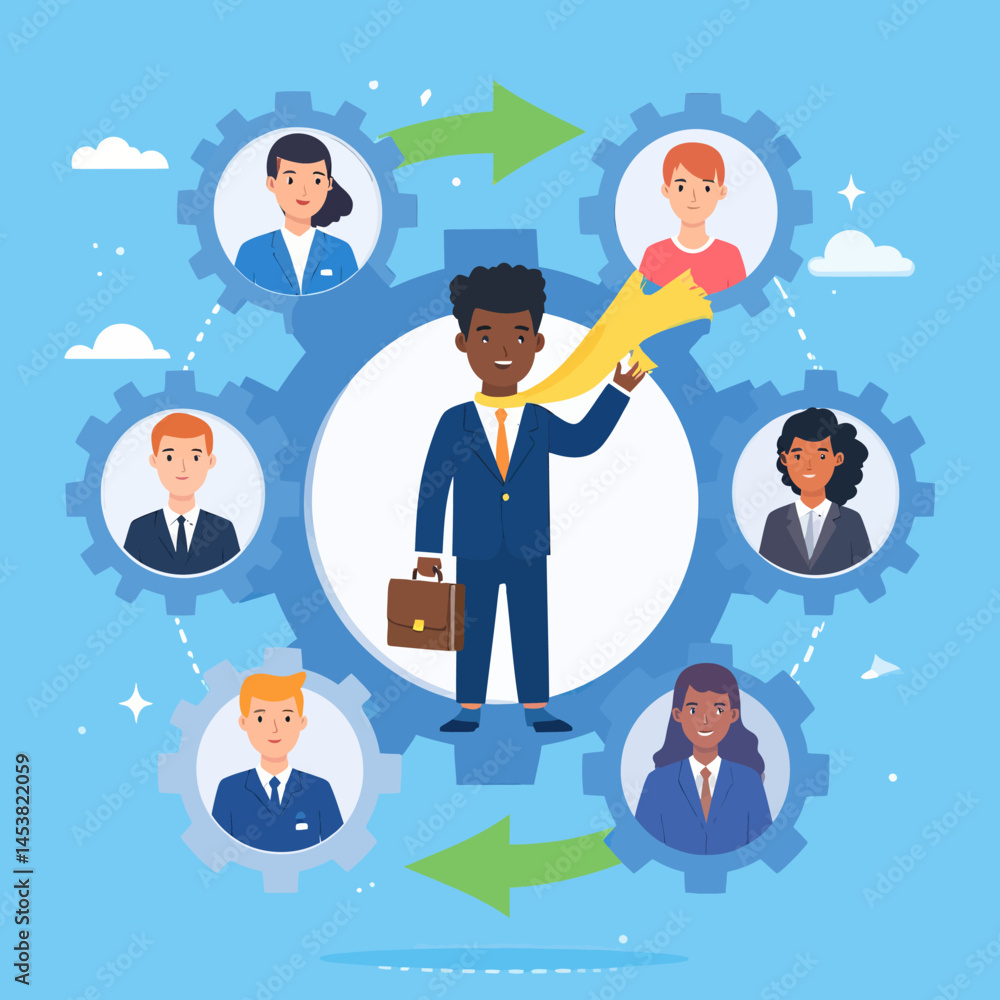 Poster teamwork and collaboration a diverse team surrounding a leader with gears and arrows illustrating co