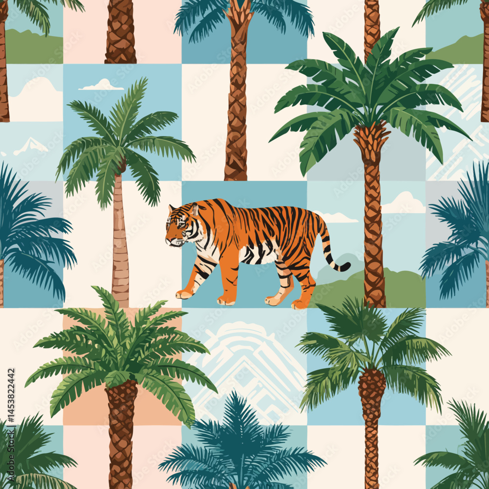 Poster vibrant tropical pattern with a tiger strolling among palm trees on a checkered background creating 