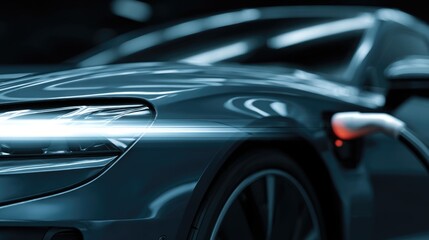 Electric Car Charging: Close-up of Sleek Vehicle with Headlights and Charging Port