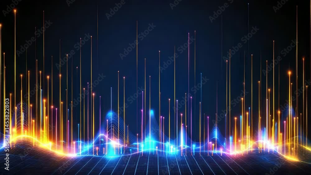 Poster neon light line glow waves on vibrant digital grid with colorful energy and data visualization