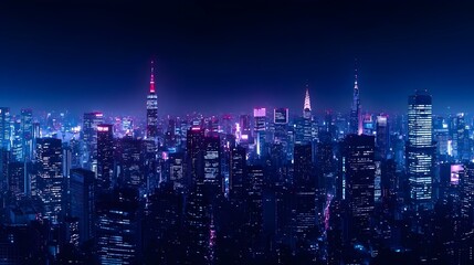 Fototapeta premium Nighttime City Skyline with Neon Lights and Modern Architecture