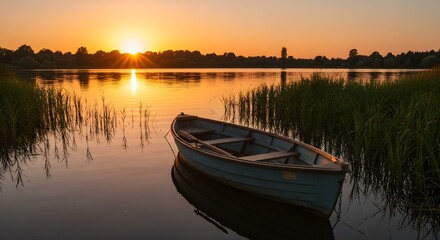 Obraz premium Serene Sunset Landscape: A Rowboat at Golden Hour on a Calm Lake