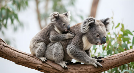 Fototapeta premium Baby Koala Massaging Larger Koala on Eucalyptus Branch Isolated on White Backdrop Wildlife Scene