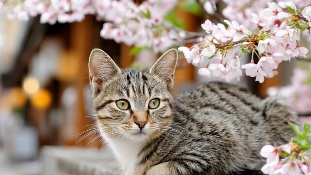 A cute tabby cat sitting calmly on a traditional wooden fence under blooming cherry blossom branches in a Japanese street.
