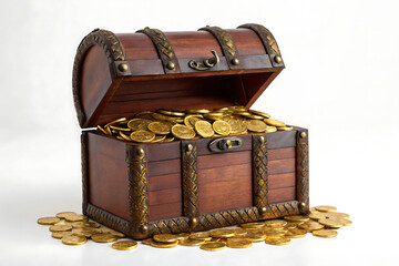 Antique Wooden Treasure Chest Overflowing with Gold Coins 
