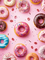 Colorful doughnuts of various flavors on a pink background.