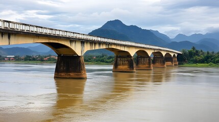 Fototapeta premium A strong bridge spanning a placid river amidst a mountainous landscape.