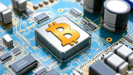 Bitcoin 3D logo on circuit background