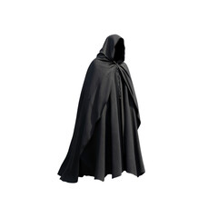 Naklejka premium Mysterious Black Hooded Cloak, Medieval Style, Isolated on Black Background