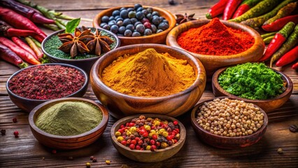 Fototapeta premium Vibrant Indian spices arranged artfully in a shallow wooden bowl , spices, aromatic, spices