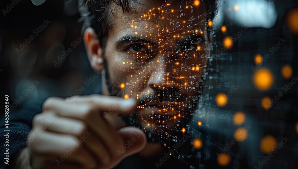 Poster close-up view of a person interacting with a digital face overlay.