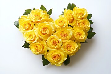 Heart-shaped arrangement of yellow roses.  A cluster of vibrant yellow roses artfully arranged in a heart shape on a white background.  Fresh, fragrant blooms and lush green leaves