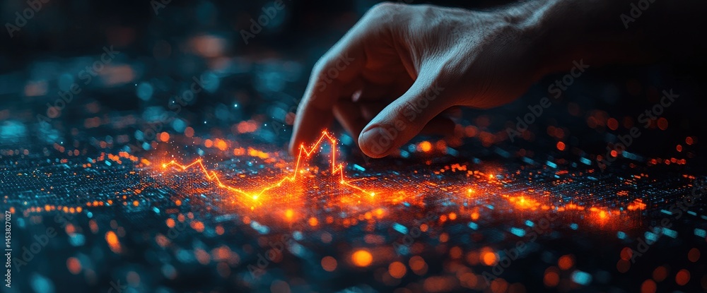 Poster a hand interacts with a glowing, data-driven map.