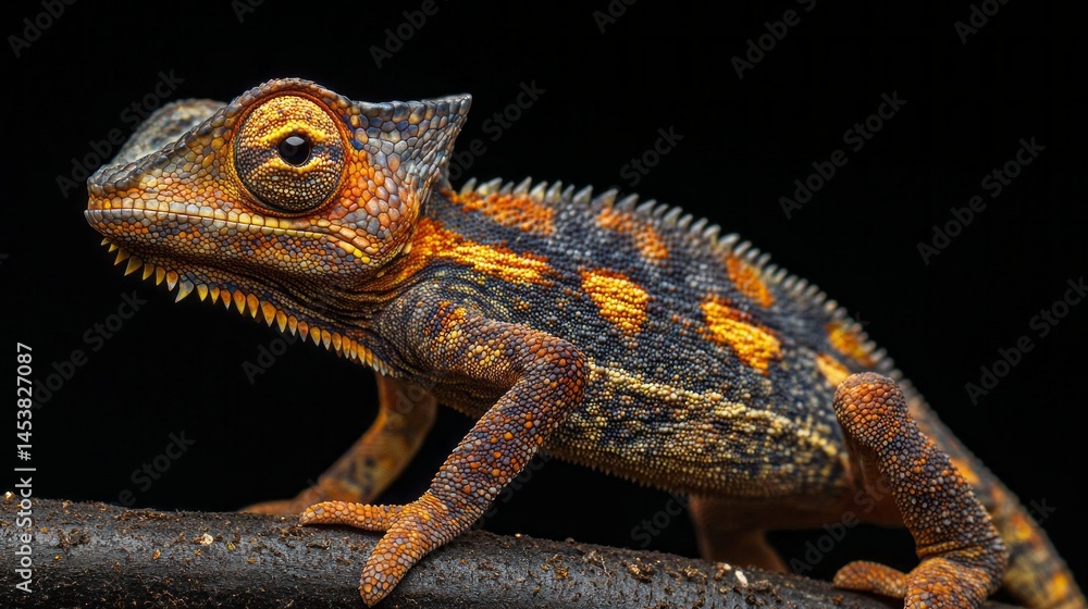 Poster a vibrant chameleon is perched on a branch, displaying its striking colors and textures. the dark ba