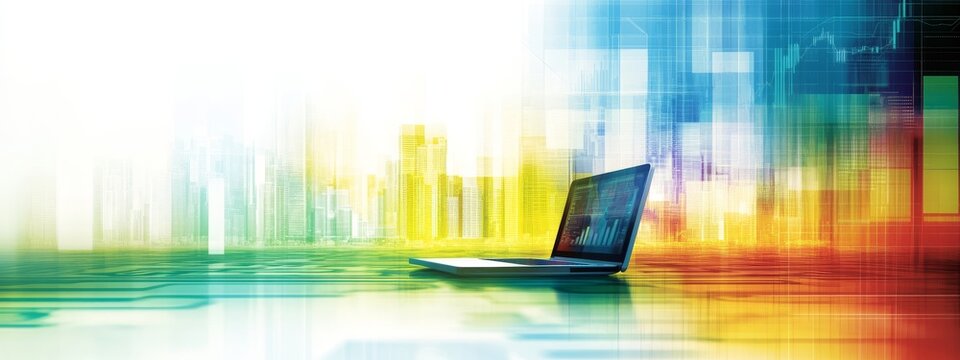 Data Visualization Background with Charts, Cityscape and Laptop