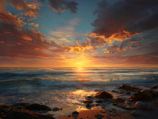 Stunning sunrise over calm sea with warm light