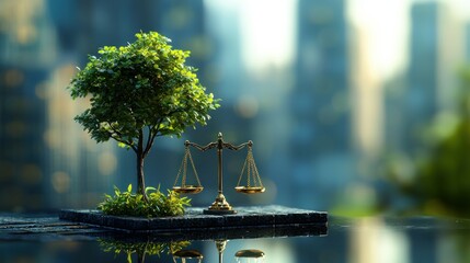 Urban greening and balance. A miniature tree and scales of justice on a stone platform, reflecting in calm water