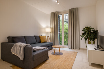 Bright living room with gray sectional, wood table, indoor plant and large window with neutral curtains