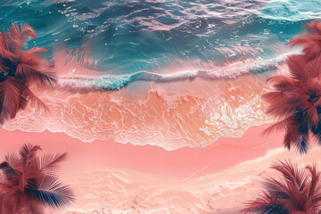 Stunning Aerial View of a Pink Beach Paradise with Palm Trees