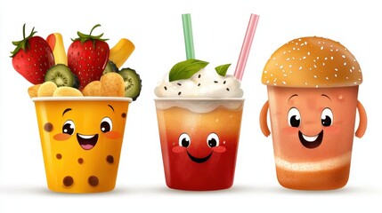 Cheerful cartoon illustrations of snacks with smiling faces, clean white background for kids' menus