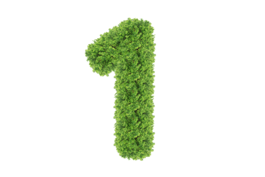 Grass number One isolated on white background. Symbol 1 with the green lawn texture. Eco symbol collection.PNG file.	