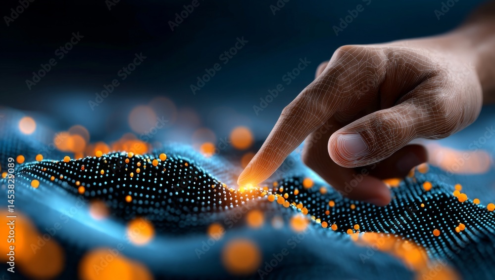 Poster close-up hand touching glowing digital data waves with blue-orange abstract tech background