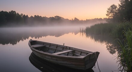 Serene Sunrise: Misty Lake with Rowboat at Dawn A Picturesque Landscape Photography