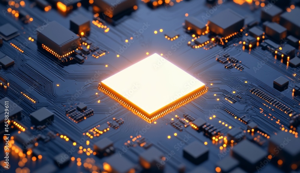 Aufkleber close-up of futuristic circuit board with glowing ai chips and advanced tech components