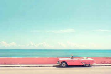 Pink Vintage Car by the Ocean, Perfect for Summer Travel