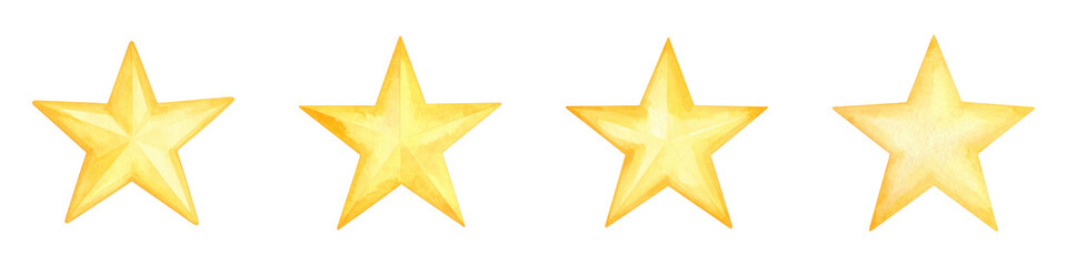 Obraz premium Four gold stars arranged in a horizontal row, each with a shiny, metallic appearance.