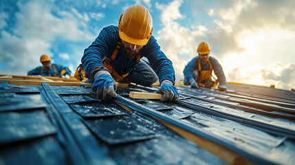 Construction workers install roofing material on a sloped roof under a vibrant sky