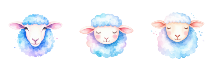 Three cute, fluffy sheep faces with soft pastel colors and gentle expressions.