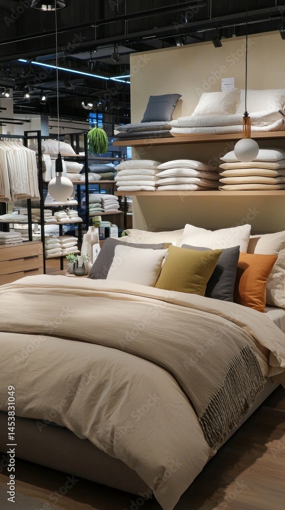 Aufkleber a modern home goods store features a well-organized bedding display with a comfortable bed dressed i