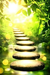 Obraz premium Luminous stepping stones lead toward a bright, ethereal forest path, evoking serenity and natural beauty