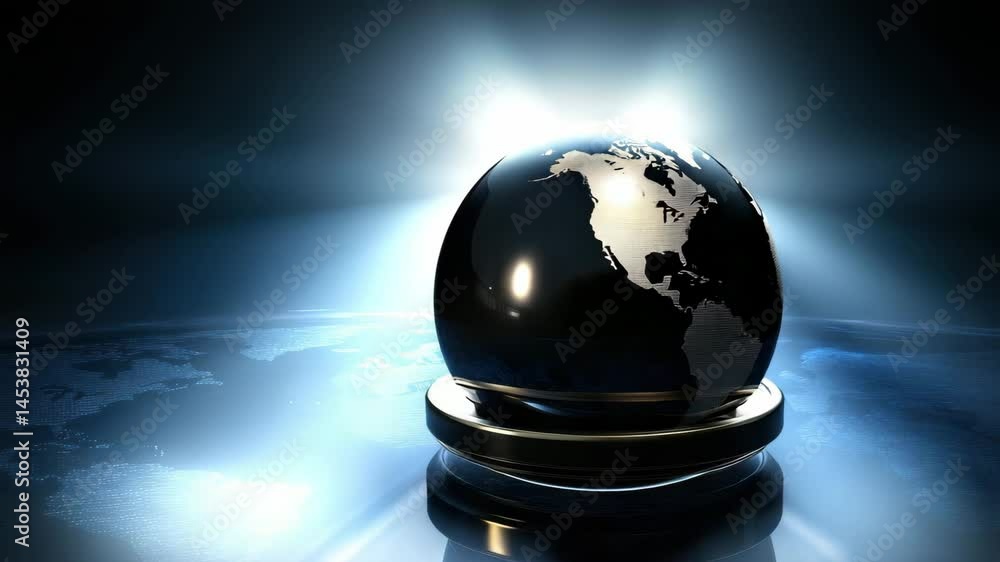 Poster black globe reflective surface with light shine symbolizing global connection and bright
