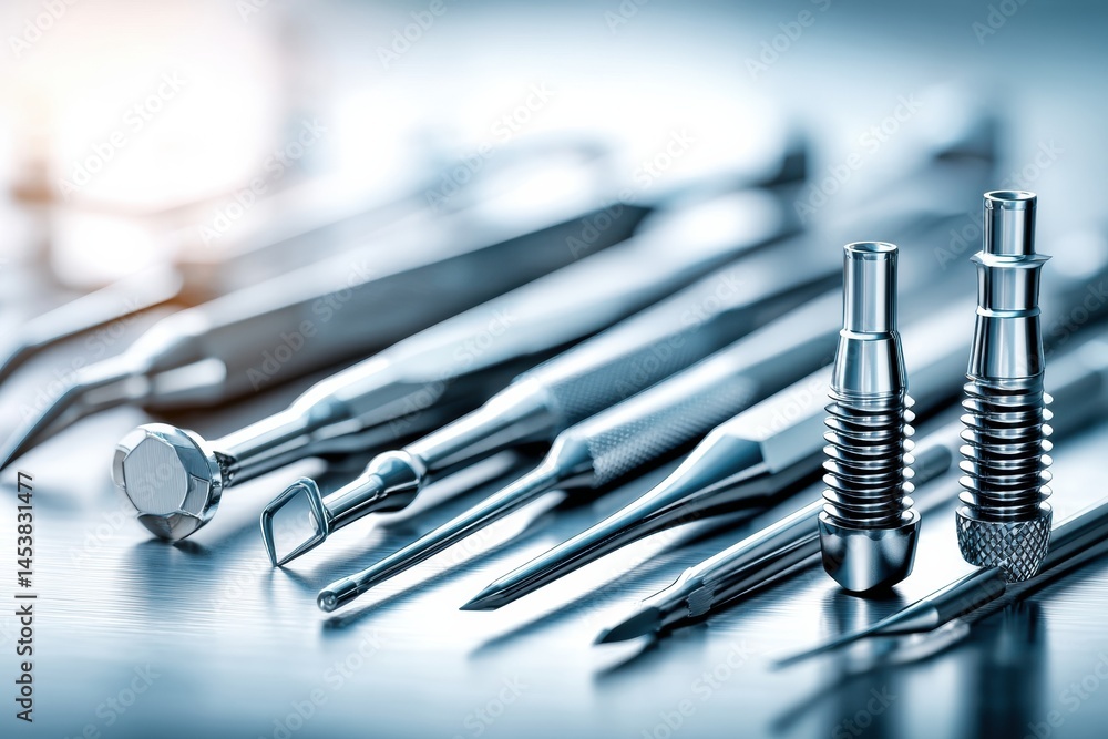 Poster dental tools arranged neatly next to a central tooth implant showcasing precision and readiness for 