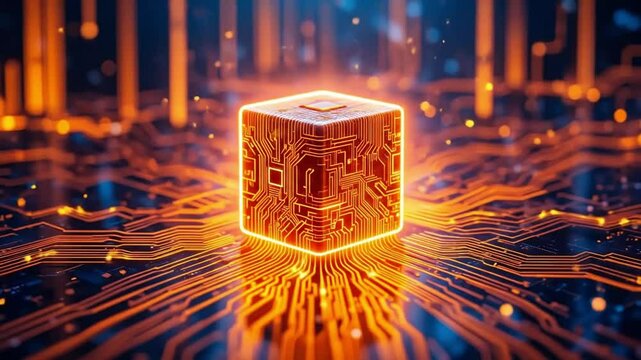 Illuminated Cube with Circuit Board Design Glowing with Energy